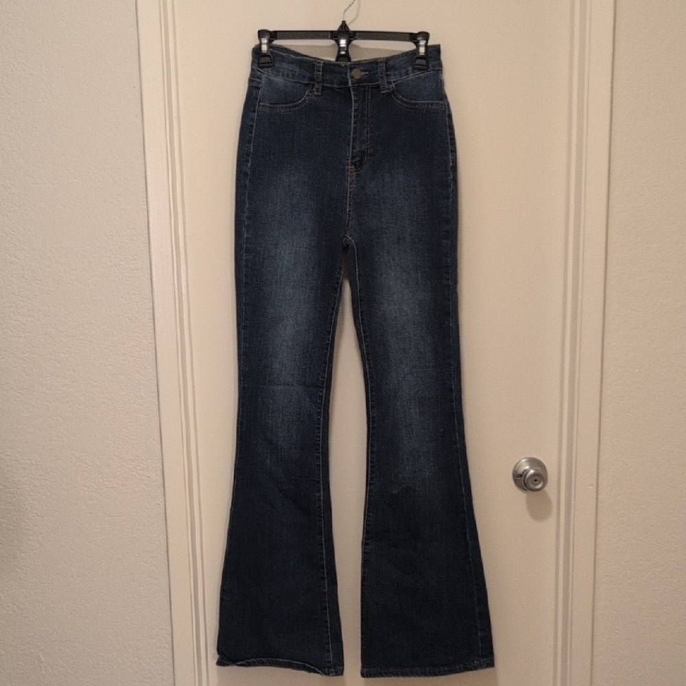 New High Waisted Dark Blue Flare Jeans